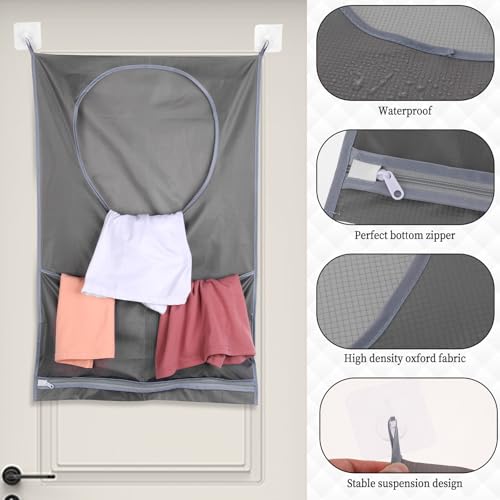 Giantree Hanging Laundry Hamper Bag, Door Hanging Hamper with 2 Strong Adhesive Hooks & 2 Stainless Steel Hooks Waterproof Hanging Laundry Bag for Dirty Clothes Large Hamper Clothes Storage