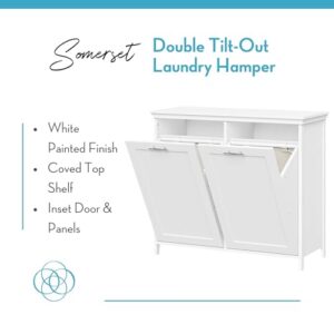 RiverRidge Somerset Double Tilt Out Laundry Hamper - Stylish Laundry Room Cabinets with Removable Cloth Bags, Inset Doors & Coved Top Shelf - Laundry Cabinet for Clothes & Towels