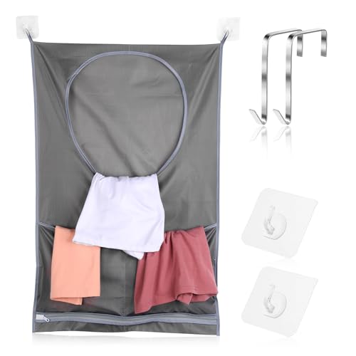 Giantree Hanging Laundry Hamper Bag, Door Hanging Hamper with 2 Strong Adhesive Hooks & 2 Stainless Steel Hooks Waterproof Hanging Laundry Bag for Dirty Clothes Large Hamper Clothes Storage