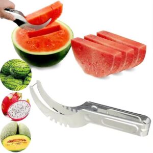 Generic New 2 pcs Set 2-in-1 Stainless Steel Fruit Cutter, Watermelon Melon Cutter with Fork, Tool 2 pcs Watermelon Slicer for Kitchen (Silver)