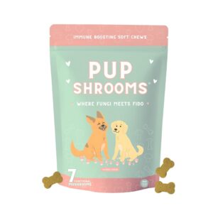 - pup shrooms - mushroom complex soft chews for dogs - lion's mane, turkey tail, shiitake - epa, dha, turmeric and organic kelp - 160 count - boosts immunity, improves digestion, hip & joint support