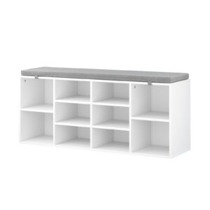 nunu lab shoe storage bench, shoe bench with removable cushion, storage entryway bench with 10 cubbies, space saving shoe rack with bench, 41 x 12 x 16.75 inches, white shoe bench