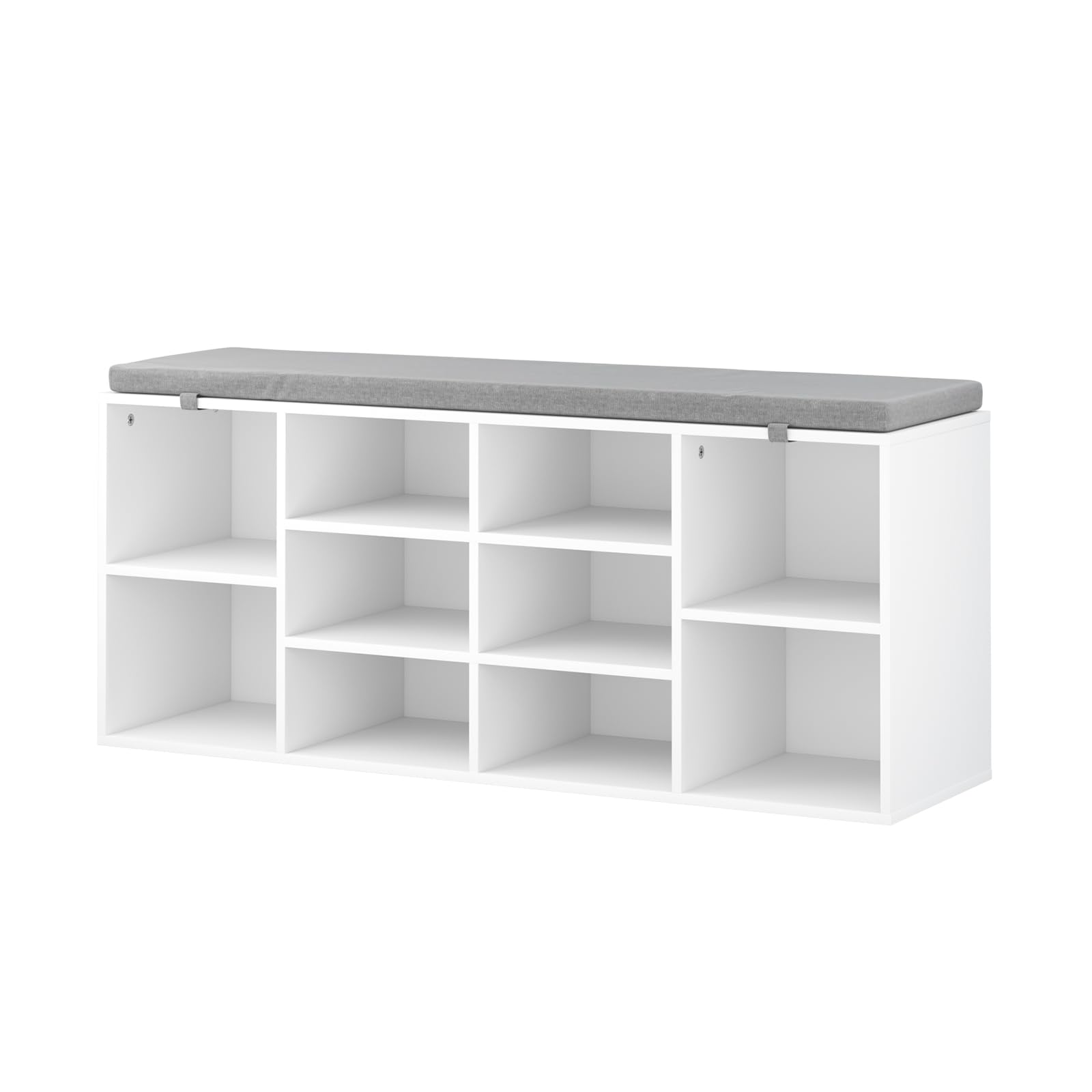 NUNU LAB Shoe Storage Bench, Shoe Bench with Removable Cushion, Storage Entryway Bench with 10 Cubbies, Space Saving Shoe Rack with Bench, 41 x 12 x 16.75 Inches, White Shoe Bench