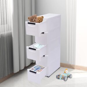 Rocoreny 5 Tiers Plastic Storage Drawer Units,Closet Organizer Stacking Vertical Freestanding Shelf Drawer Dresser With Casters For Bedroom Living Room Playroom Toys (White 7.87 * 15.75 * 33in)