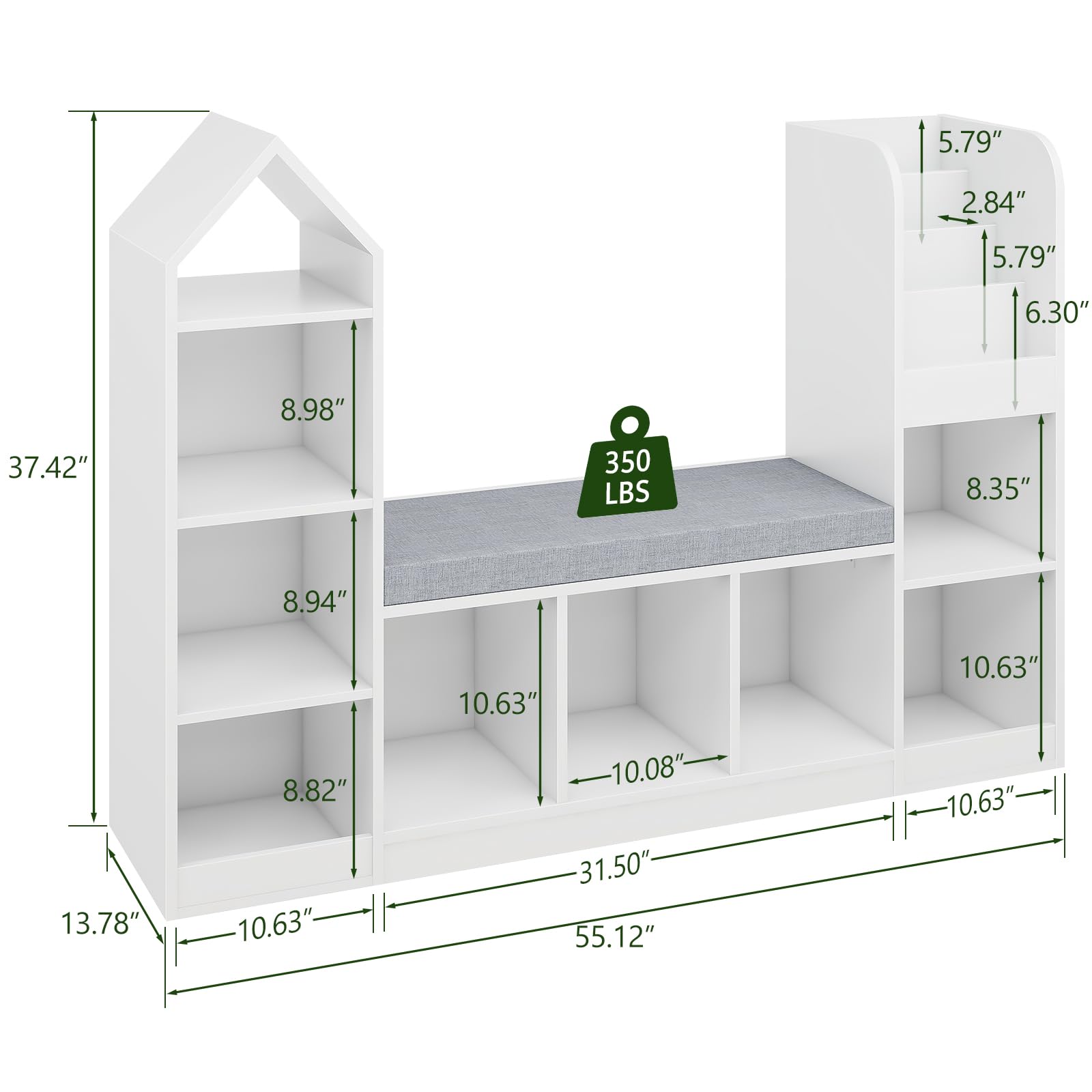 Halitaa Kids Bookcase and Bookshelf with Reading Nook, Toy Storage Organizer for Kids, White Bookcase with 9 Storage Cubbies and Seat Cushion for Kids Room, Playroom, Bedroom, White