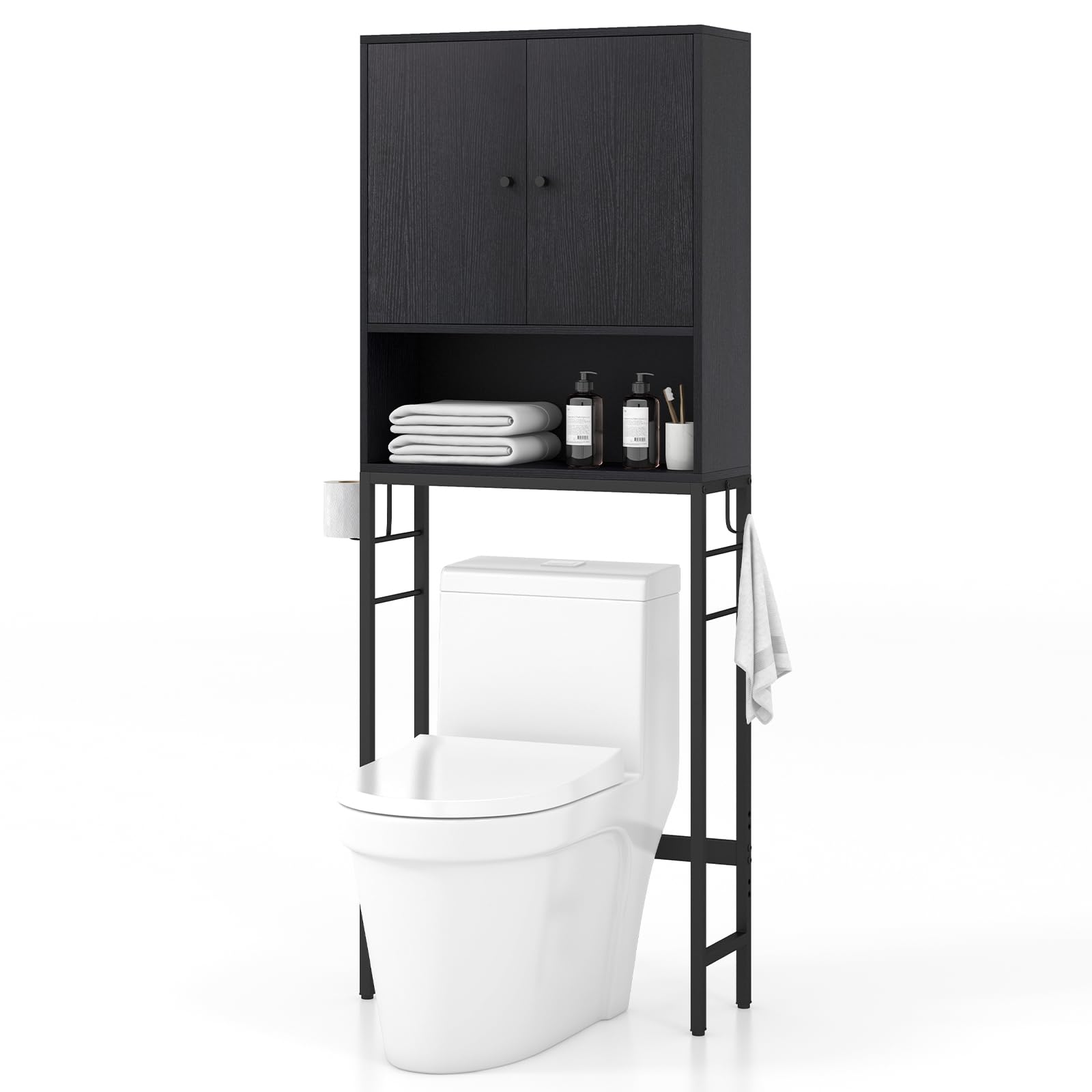 Giantex Over The Toilet Storage Cabinet - Toilet Shelf Rack with Anti-Tip Device, Open Compartment, Adjustable Shelf & Bottom Bar, Bathroom Space Saver, Over Toilet Bathroom Organizer (Black)