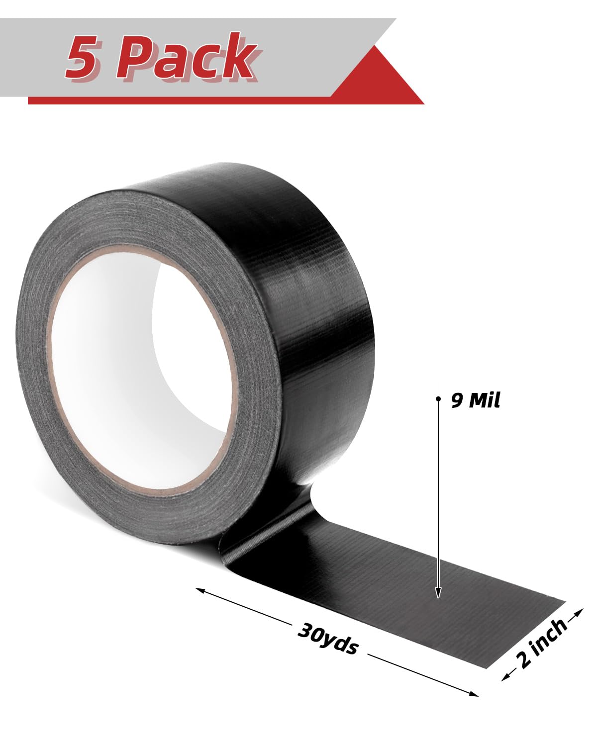 WeLiu Duct Tape Heavy Duty 5 Pack 150 Yards Black Duct Tape 9 Mil Flexible No Residue Non-Reflective Bulk Value for Indoor Outdoor Repairs Professional Industrial Use (2 inches x 30 Yards per Roll)