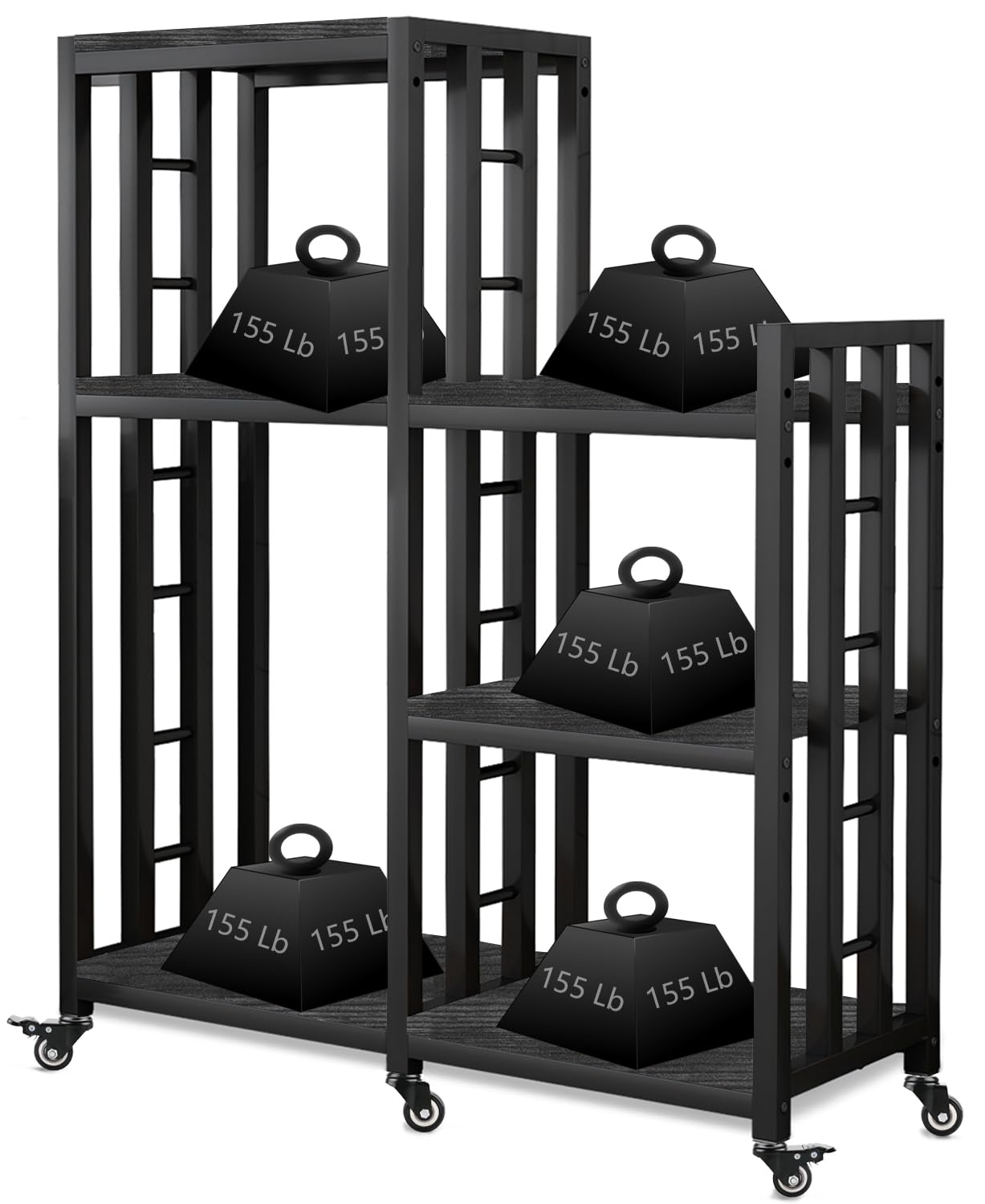 6-Tier Kitchen Bakers Rack, Multifunctional Storage Shelf, Mini Fridge & Microwave Oven Stand Table, Coffee Bar, Adjustable Kitchen Shelves Freestadning (Charcoal Black Wood Grain Print with wheels)