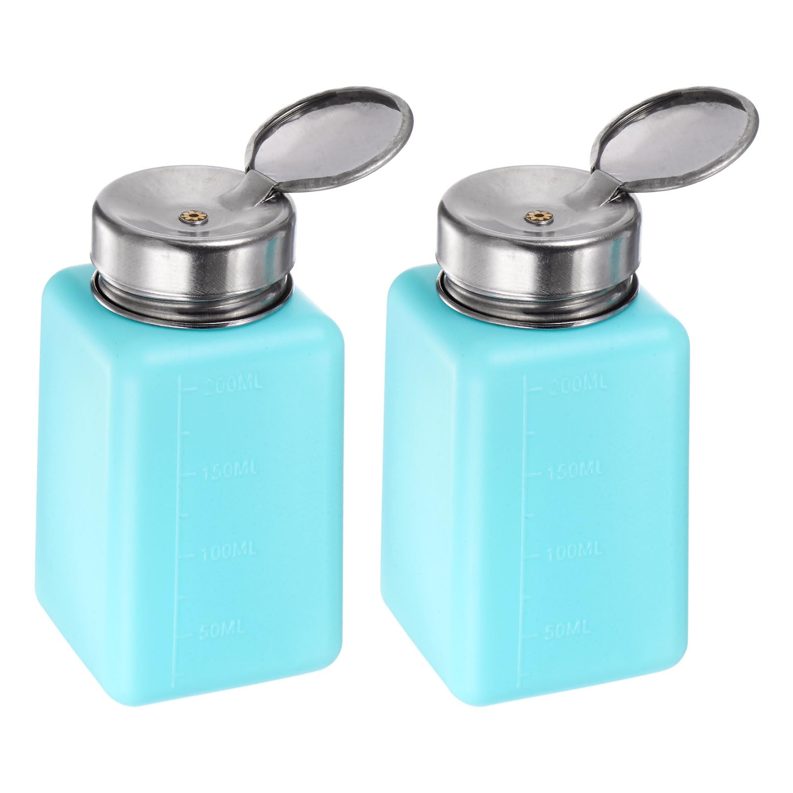 HARFINGTON 2pcs Solvent Alcohol Dispensers 200ml(6.8oz) Push Down Liquid Dispenser Pump Bottle with Sealing Stainless Steel Lid for Acetone Cleanser Polish Remover, Blue