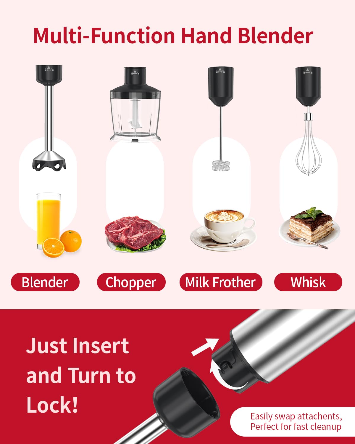 Electric Immersion Blender Handheld 1200W, 5-in-1 Hand Blender Mixer for Kitchen with 20-Speed & Turbo Boost, 600ml Chopper, 800ml Beaker, Whisk and Milk Frother for Soup, Smoothie, Puree, Baby Food