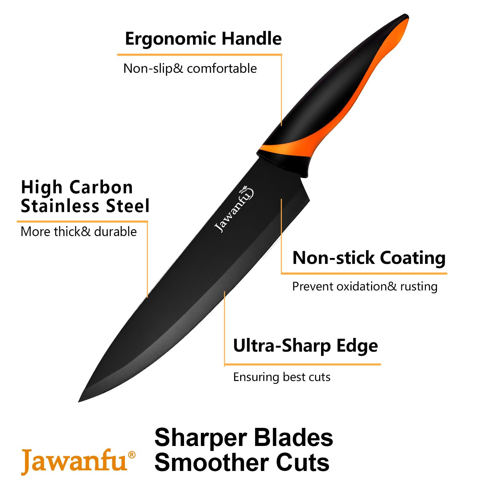 Jawanfu Professional Kitchen Knife Set, 8-Piece, Super Sharp, Anti-Rust Stainless Steel, Ergonomic Design, with Universal Knife Block (BLACK BLADE, BLACK BLOCK)