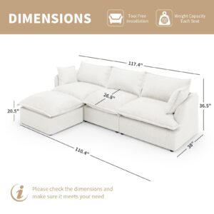 Gtilzria Modular Cloud Sectional Linen Sofa for Living Room,L Shape Couch with Reversible Chaise,Deep Seat Couch,Down Filled Sofas,Detachable Washable Couches Cushion Covers,for Apartment,Office,White