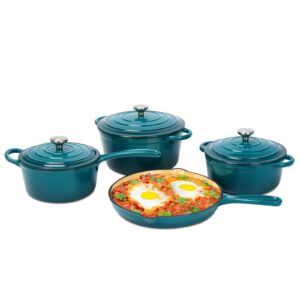 grill force enameled cast iron cookware set, 9-piece pots and pans set non stick, pots and pans rack organizer, 10.25” skillet, 2qt saucepan, 2.25qt/4.75qt dutch oven, compatible with all stovetops