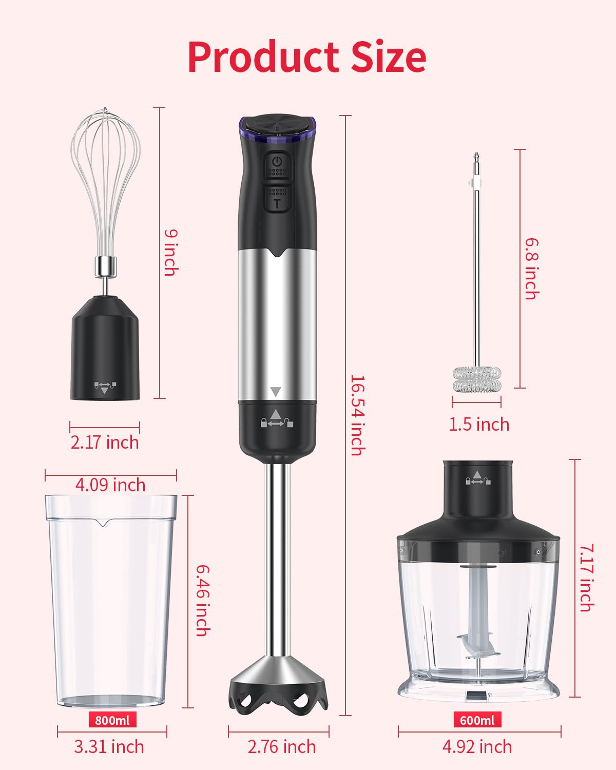 Electric Immersion Blender Handheld 1200W, 5-in-1 Hand Blender Mixer for Kitchen with 20-Speed & Turbo Boost, 600ml Chopper, 800ml Beaker, Whisk and Milk Frother for Soup, Smoothie, Puree, Baby Food