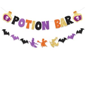 fhgg glitter potion bar halloween banner decor with potion signs hocus pocus banner witch party decorations potion halloween decor for haunted house, bat decorations, halloween mantle home decor