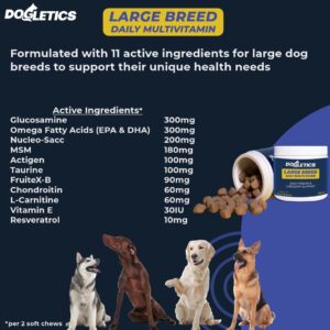 Dogletics Large Breed Daily Multivitamin - Formulated for Large Dogs & Their Unique Health Needs, 90ct Delicious Bacon Flavor