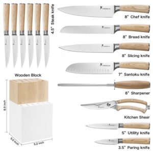 Kangdelun 15-Piece Wood Handle Block Knife Set, Ultra Sharp High Carbon Stainless Steel