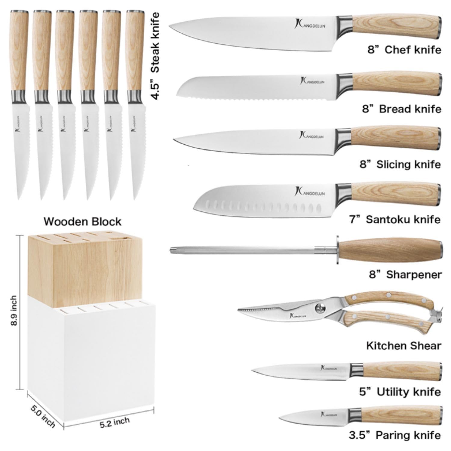 Kangdelun 15-Piece Wood Handle Block Knife Set, Ultra Sharp High Carbon Stainless Steel