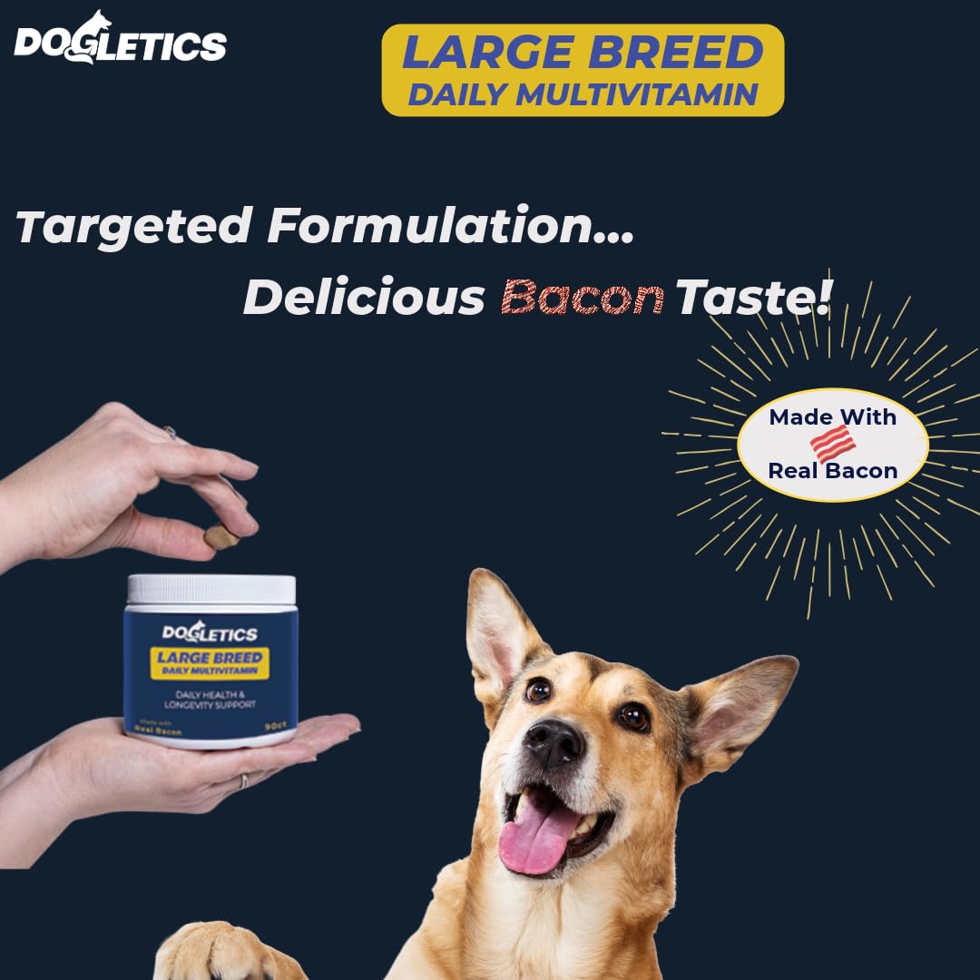 Dogletics Large Breed Daily Multivitamin - Formulated for Large Dogs & Their Unique Health Needs, 90ct Delicious Bacon Flavor