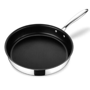 teamfar 12 inch frying pan, stainless steel 3-ply non stick skillet frying sauté pan for cooking omelets, eggs, steaks, non-toxic & heavy duty, oven & various stovetops safe, easy clean