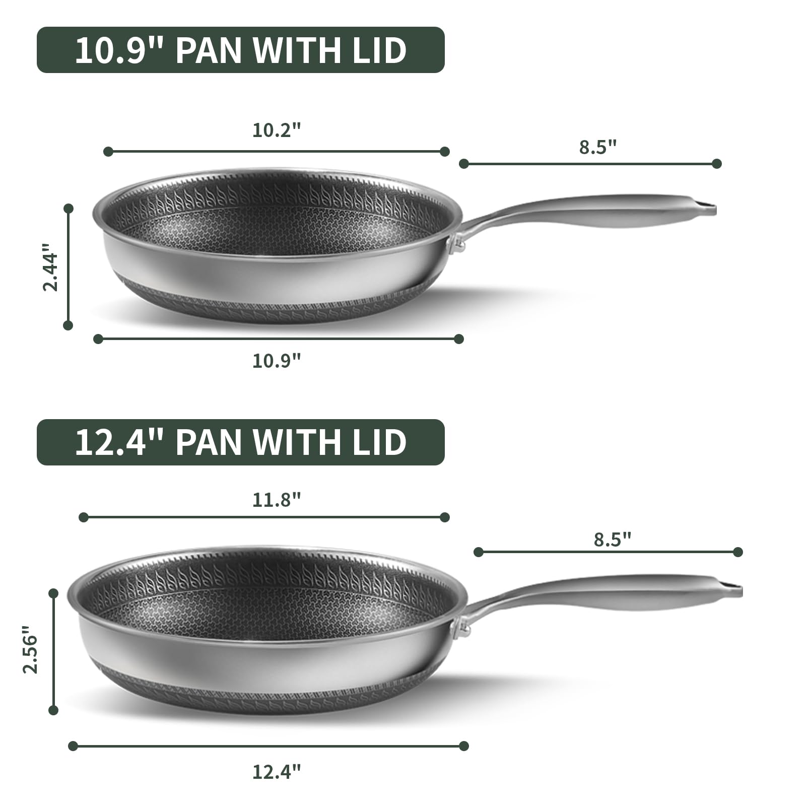 Frying Pans Nonstick with Lid,10.9inch(Interior Size:10.2inch) Hybrid Stainless Steel Non Stick Frying Pans,Skillets and Frying Pans,PFOA Free Cookware,Dishwasher and Oven Safe, Works on All Cooktops