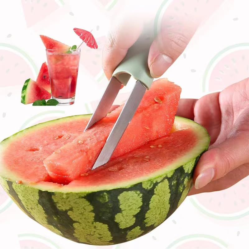 3-in-1 Watermelon Fork Cutter, 2024 New Stainless Steel Watermelon Popsicle Cutter Cutting Tool, Fast Watermelon Fork Fruit Cutting Tool (Green)