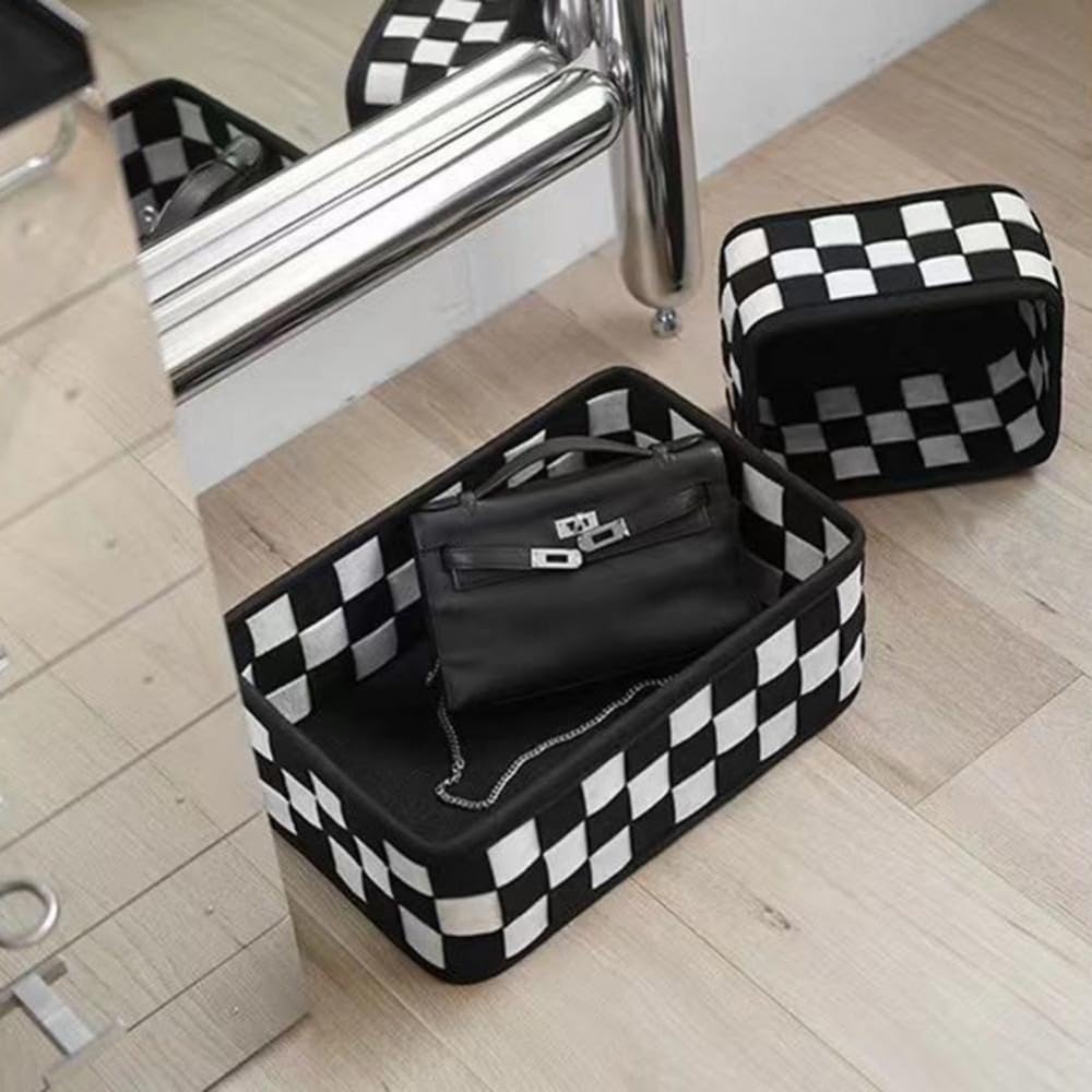 generic Black and White Checkerboard Felt Storage Basket for Bedroom, Foldable High Capacity Desktop Makeup Organizer Decorative Sundries Box(S), AM0X2Z0E3WPUS