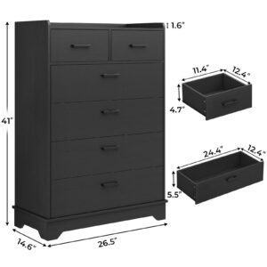 DICTAC Black Drawers Dresser for Bedroom, Modern Chest of 6 Drawers with Classified Storage, Wooden Bedroom Drawer Chest, Vertical Storage Organizer Tower, Tall Black Dresser for Closet, Hallway