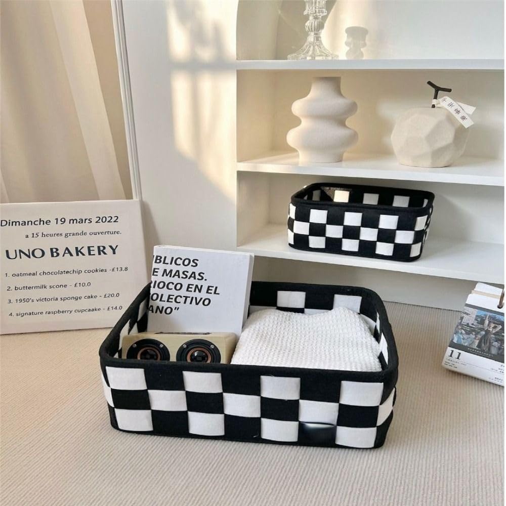 generic Black and White Checkerboard Felt Storage Basket for Bedroom, Foldable High Capacity Desktop Makeup Organizer Decorative Sundries Box(S), AM0X2Z0E3WPUS