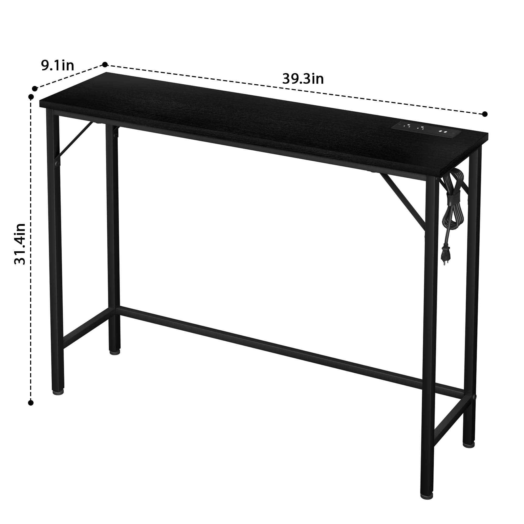 GAOMON 9.1" Narrow Console Table with Outlets, Sofa Table Behind Couch Table for Living Room, Entryway Table with Metal & MDF, Industrial Hallway Table for Entryway, Foyer-Black