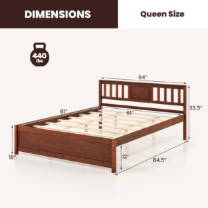 Giantex Queen Size Solid Wood Platform Bed Frame, Mid Century Queen Bed Frame with Headboard, Wood Slat Support, Queen Panel Bed, No Box Spring Needed, Easy Assembly, Walnut