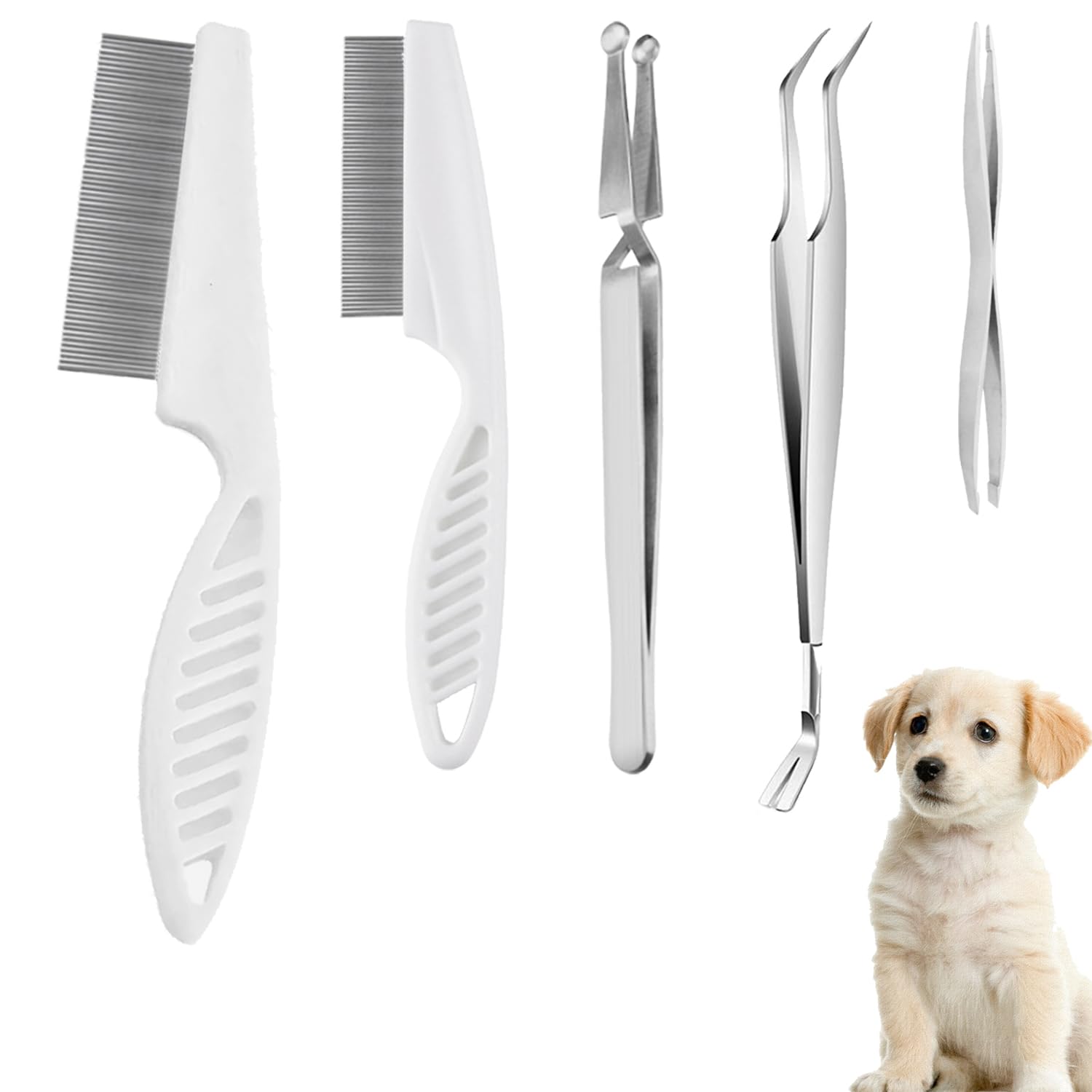 6 pcs Tick Removal Tool kit for Pets, 3 Stainless Steel Tick Tweezers with Storage Pouch and 2 Tick Comb Grooming Tools for Cats & Dogs Safe Tick Control Puller for Complete Removal of Ticks Fleas