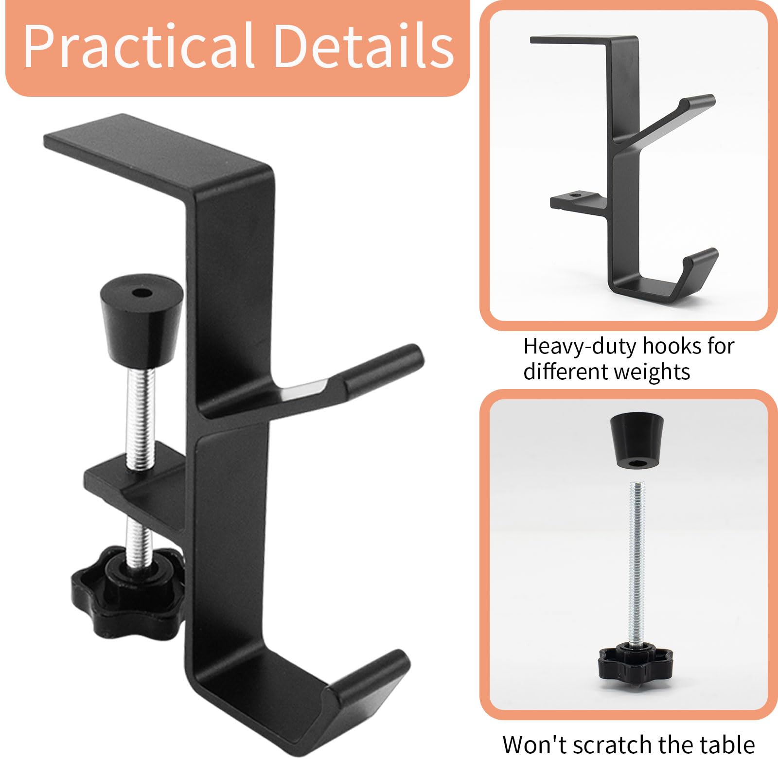 Zi Lan Desk Clamp-On Hook Desk Bag Holder for Table Backpack Hanger Portable Desk Hook Clamp Headphones Holder Reduce Clutter for Table Desk Under Counter Removable(Black)