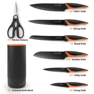 Jawanfu Professional Kitchen Knife Set, 8-Piece, Super Sharp, Anti-Rust Stainless Steel, Ergonomic Design, with Universal Knife Block (BLACK BLADE, BLACK BLOCK)