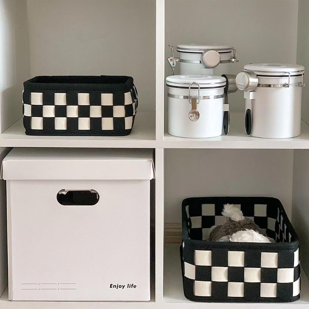 generic Black and White Checkerboard Felt Storage Basket for Bedroom, Foldable High Capacity Desktop Makeup Organizer Decorative Sundries Box(S), AM0X2Z0E3WPUS