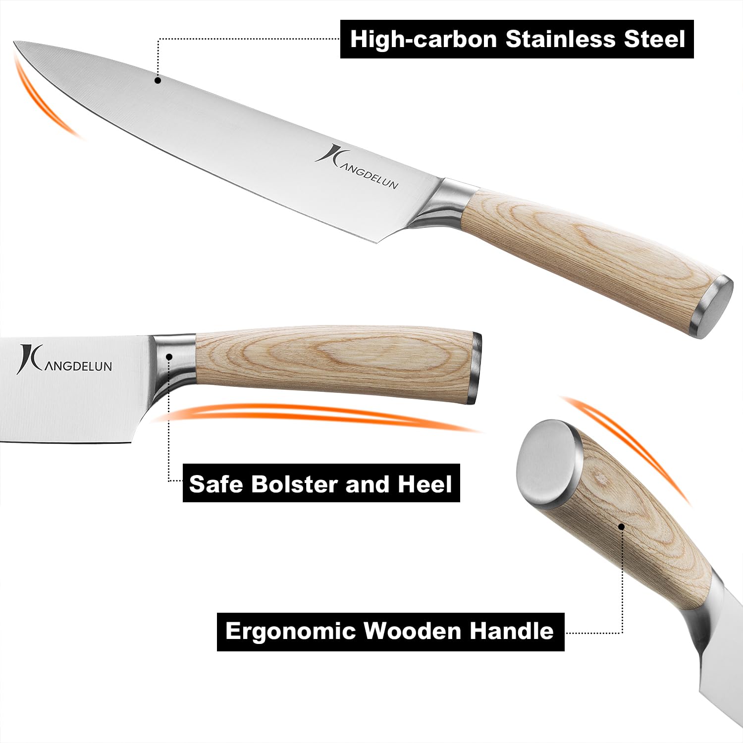 Kangdelun 15-Piece Wood Handle Block Knife Set, Ultra Sharp High Carbon Stainless Steel