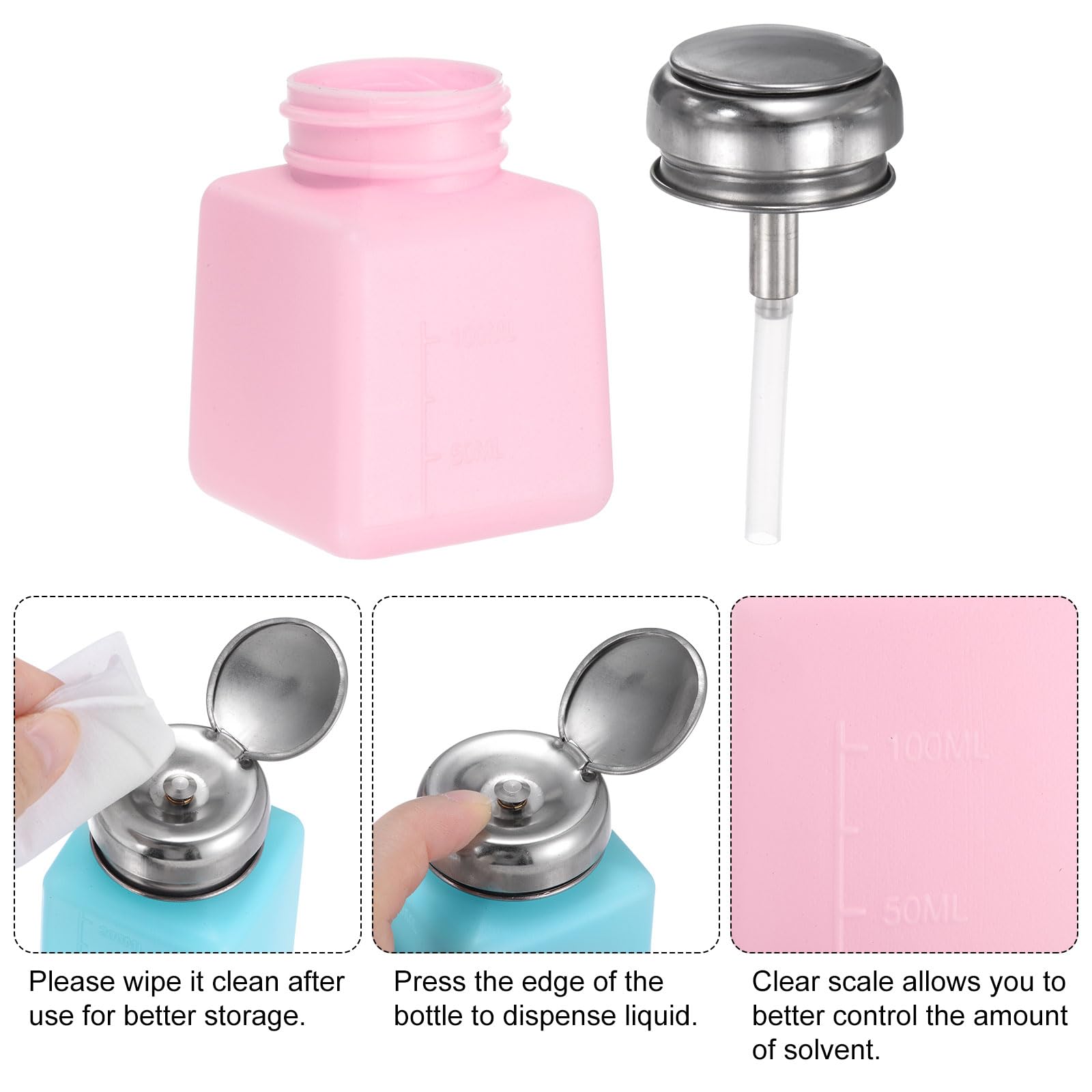 HARFINGTON 3pcs Solvent Alcohol Dispenser 100ml(3.4oz) Press Type ESD Safe Anti-Splash Liquid Dispenser Pump with Sealing Stainless Steel Lid for Acetone Cleanser, Polish Remover, Pink