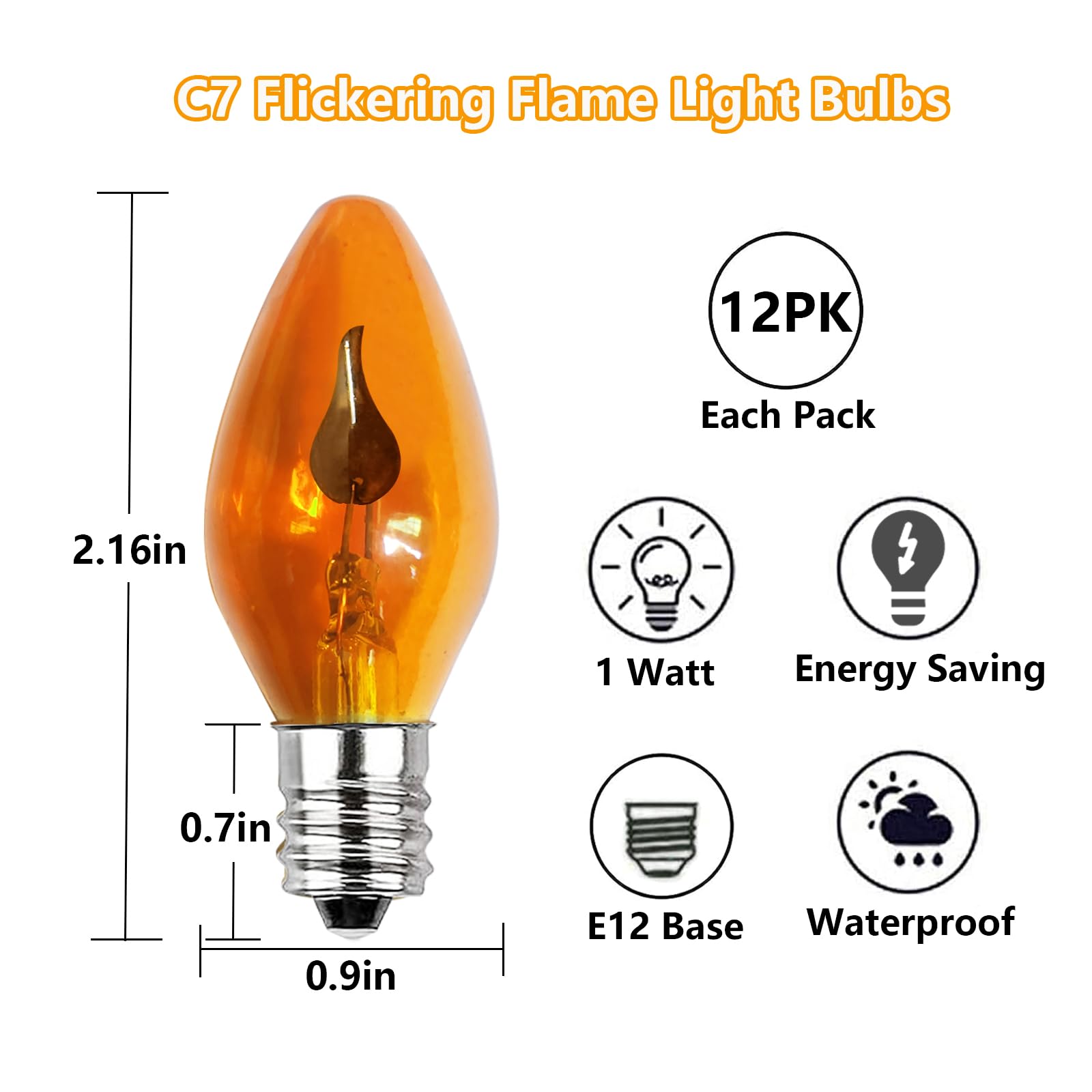 Halloween Flickering Flame Light Bulbs, C7 Orange Flicker Flame Light Bulbs E12 Base Bulb, Flame Light Bulb for Candle Chandelier Nightlight String Lights Christmas Halloween Decor, 1 Watt, 12 Pack