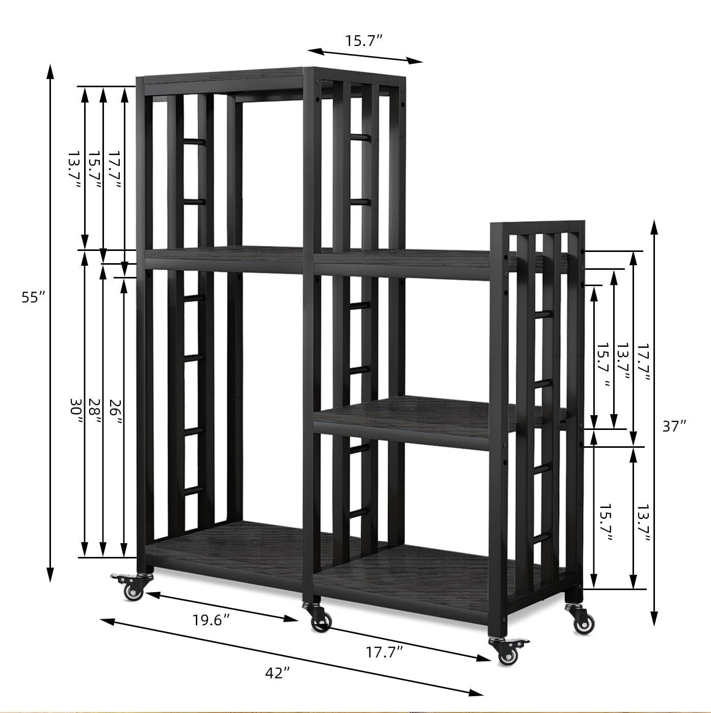 6-Tier Kitchen Bakers Rack, Multifunctional Storage Shelf, Mini Fridge & Microwave Oven Stand Table, Coffee Bar, Adjustable Kitchen Shelves Freestadning (Charcoal Black Wood Grain Print with wheels)