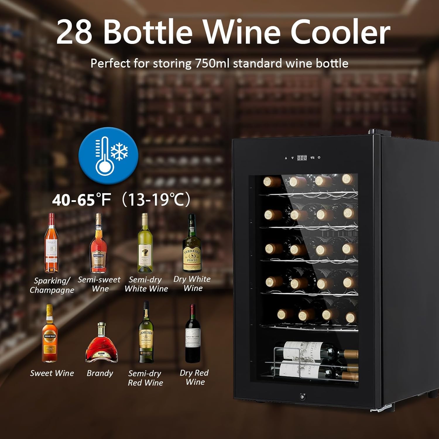 28 Bottle Compressor Wine Cooler Refrigerator w/Lock, Compact Wine Cellar For Red, White, Champagne or Sparkling Wine, Digital Temperature Control,40f-65f Digital Temperature Control,Soft LED Light