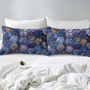 Honeycomb Marble Duvet Cover Set Queen Size,Geometric Hexagon Bedding Set Kids Teens Adults Room Decor,Blue Purple Comforter Cover 3Pcs,Glitter Honeycomb Bedspreads Cover,2 Pillowcases(NO Comforter)