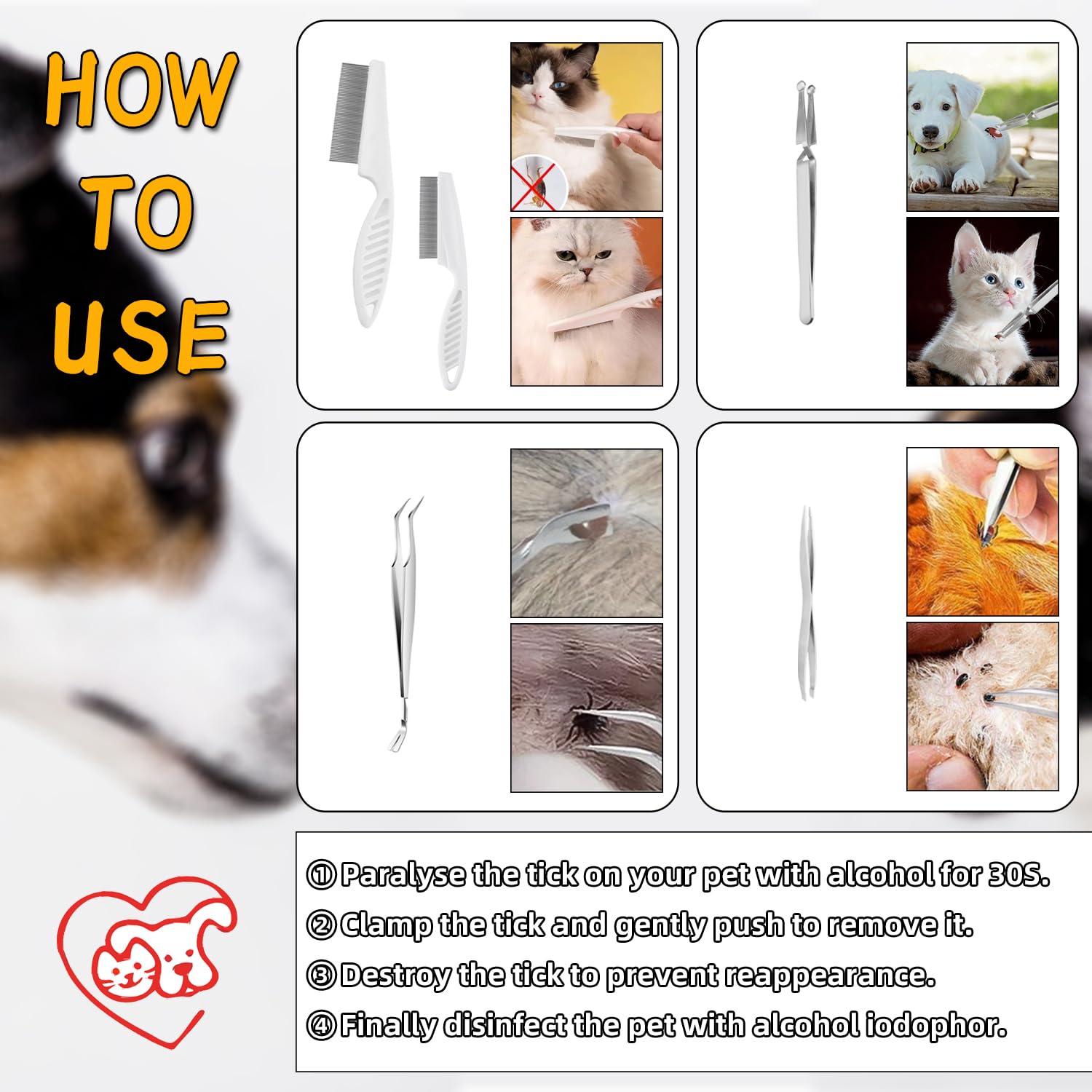 6 pcs Tick Removal Tool kit for Pets, 3 Stainless Steel Tick Tweezers with Storage Pouch and 2 Tick Comb Grooming Tools for Cats & Dogs Safe Tick Control Puller for Complete Removal of Ticks Fleas