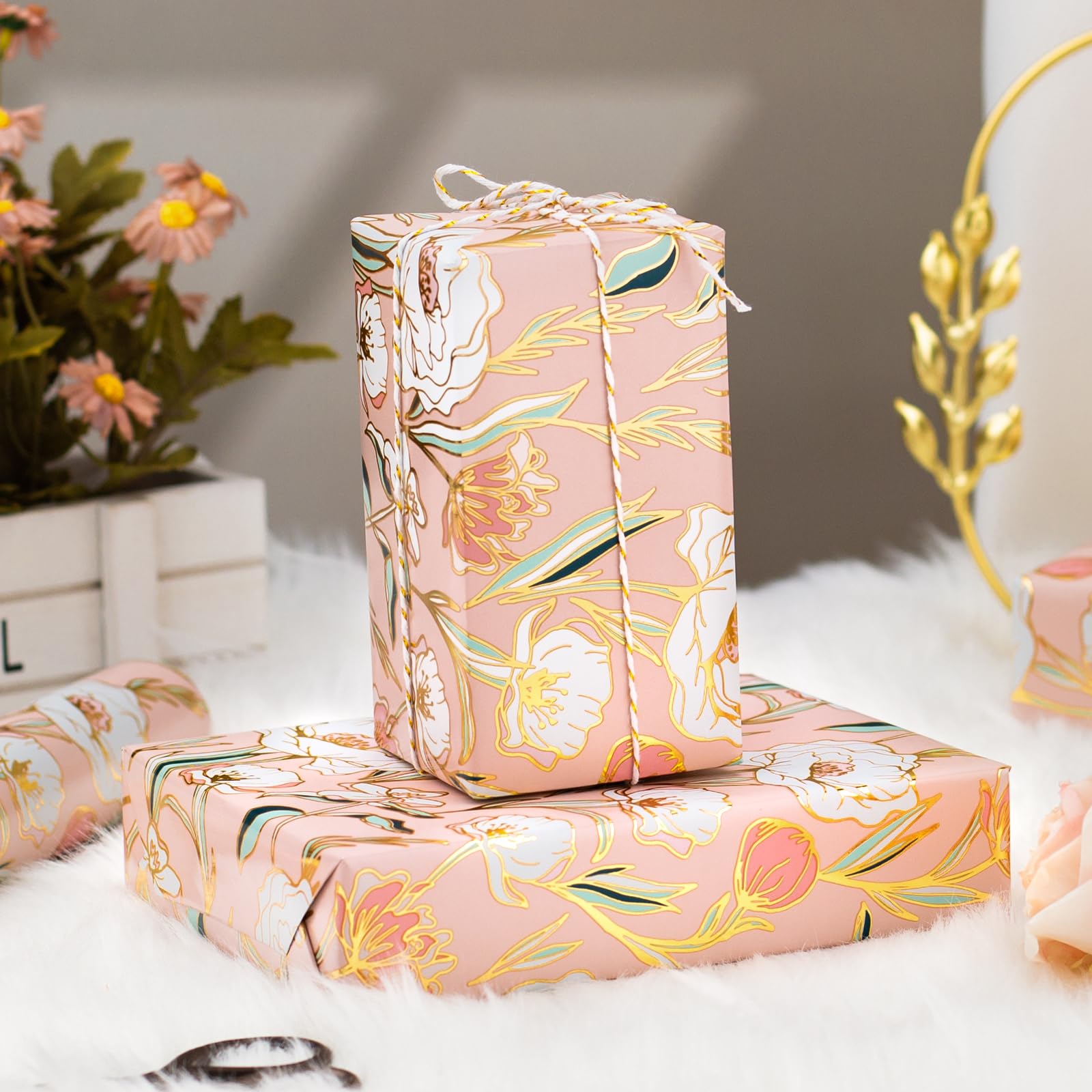 Merture Wedding Wrapping Paper Roll with Flower Patterns - 17 In X 32.8 Ft - 1 Roll (46.5 sqft.ttl.) Foil Floral Design Gift Wrap for Wedding, Valentines Day, Mothers Day, Birthday, Christmas, Pink