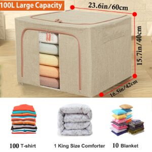 100L Large Storage Bags,Linen Stackable Clothes Storage Bins with Hold Shape Metal Frame,2 Opening Ways Fabric Visible Lidded Foldable Closet Organizers for Seasonal Clothing,Bedding (4, 100L)