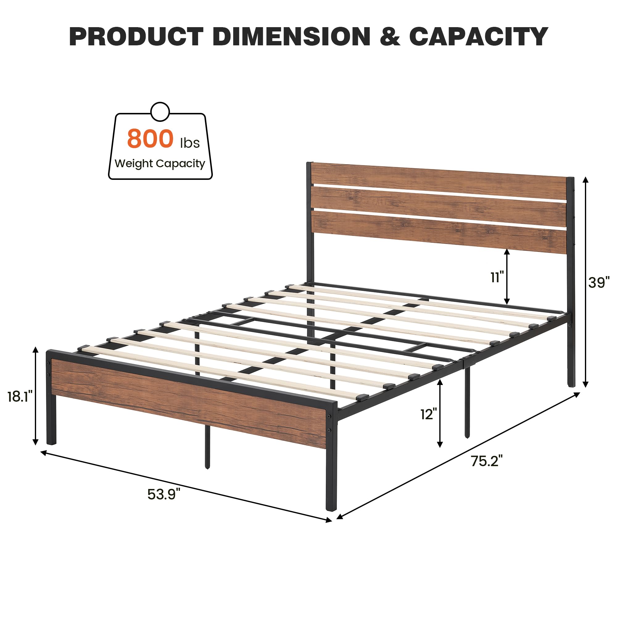 GarveeHome Full Size Bed Frame with Wood Headboard, Strong Wood Slats Support, Under Bed Storage, Noise-Free, No Box Spring Needed