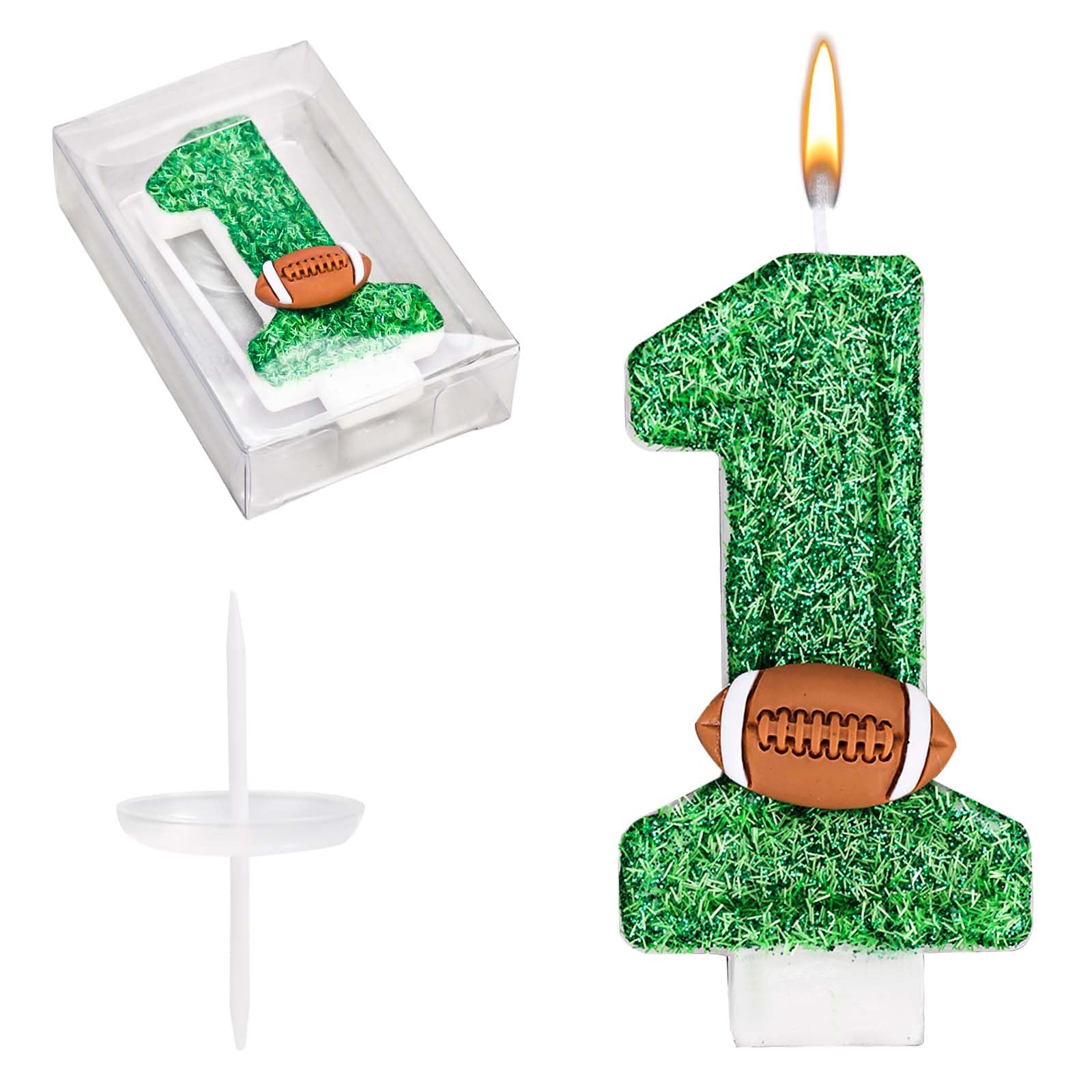 Football Number Candles, Green Birthday Candles with Football Ornament Artificial Turf Cake Topper for Boys Girls Anniversary Party Decoration Celebrations (Number 1)