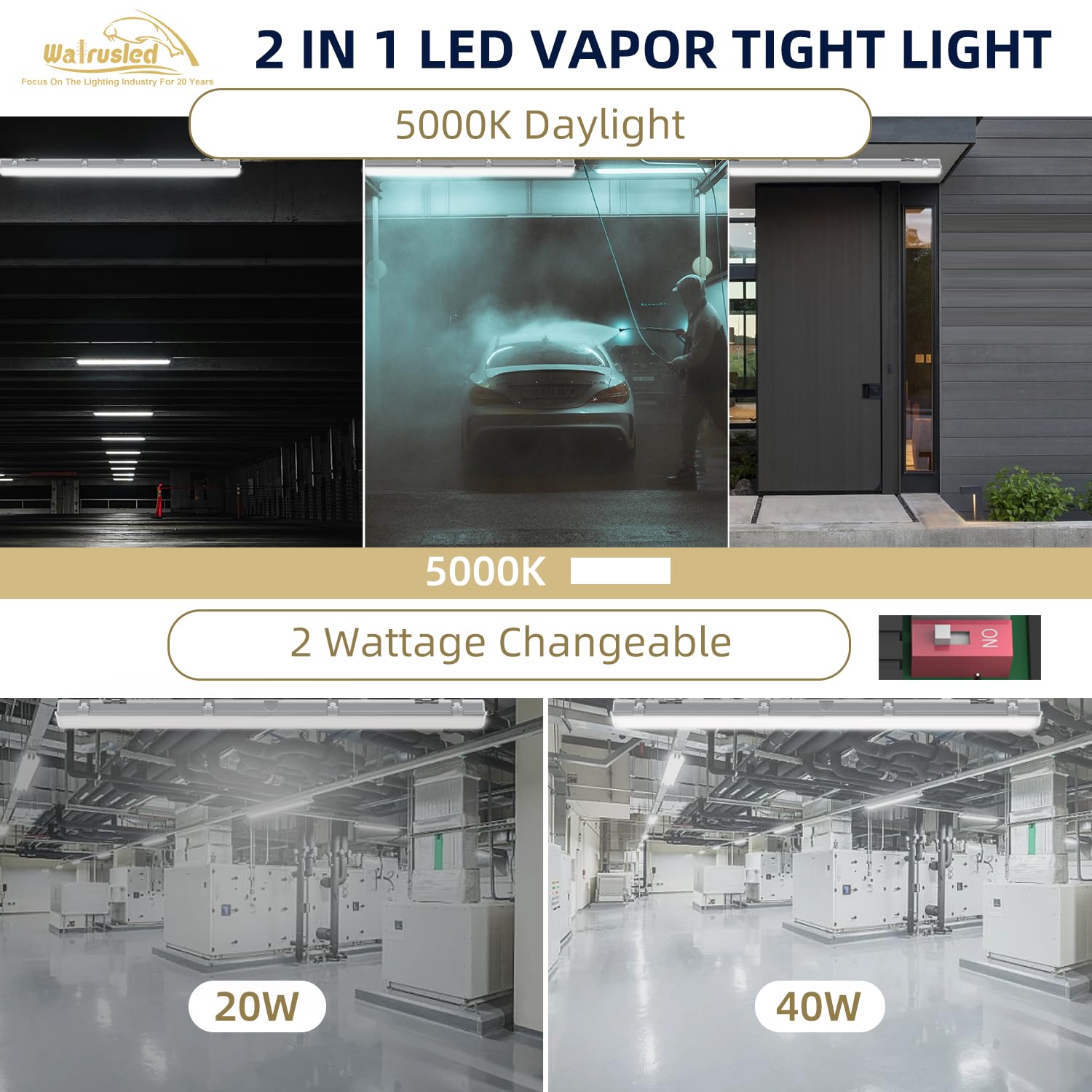 4FT Tri-Level Sensor LED Vapor Tight Emergency Light, Battery Backup, IP65 IK08, 20W(2500lm)/40W(5000lm) Selectable, 5000K, Dimmable, Outdoor Waterproof Shop Light, Vapor Proof Lighting Fixture, FCC