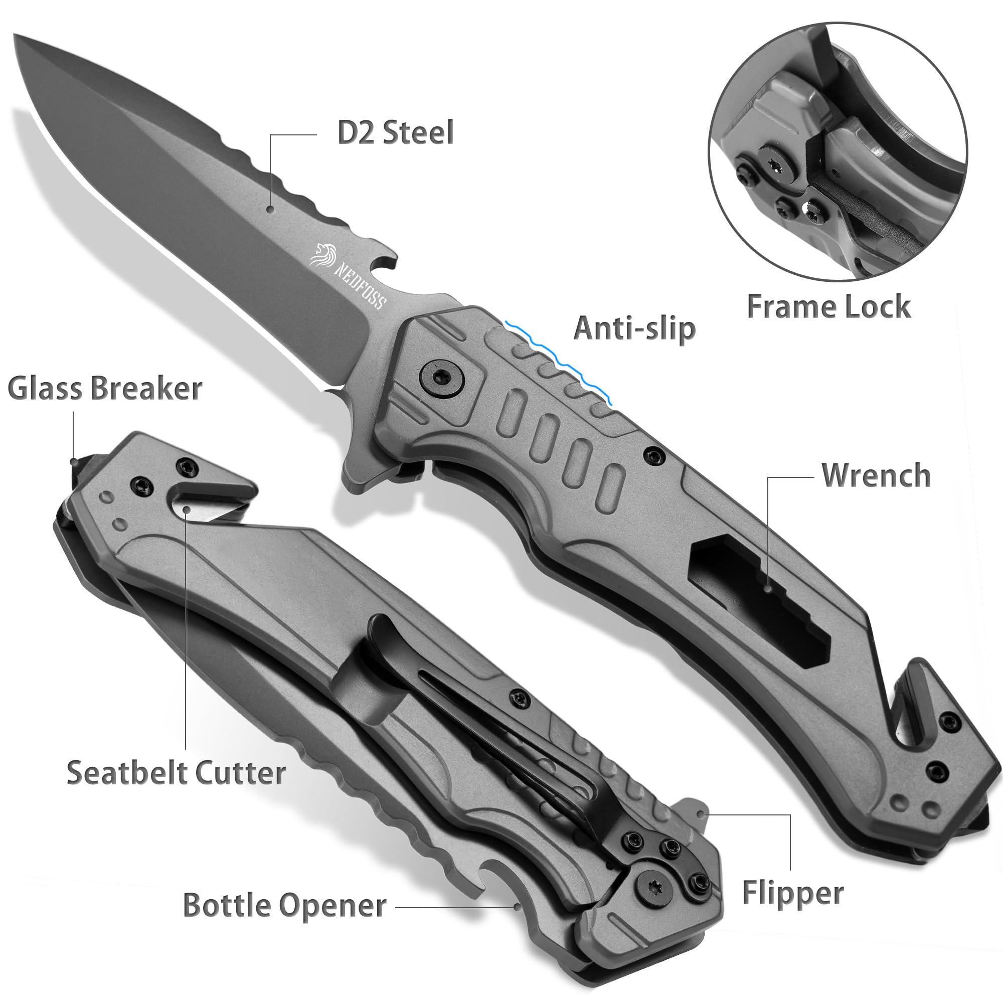 NedFoss T39 Pocket Knife for Men, 3.7" D2 Steel Blade, Frame Lock, 6 in 1 Folding Tactical Knife with Bottle Opener, Glass Breaker, Seatbelt Cutter and Wrench, Belt Clip for Work, Rescue