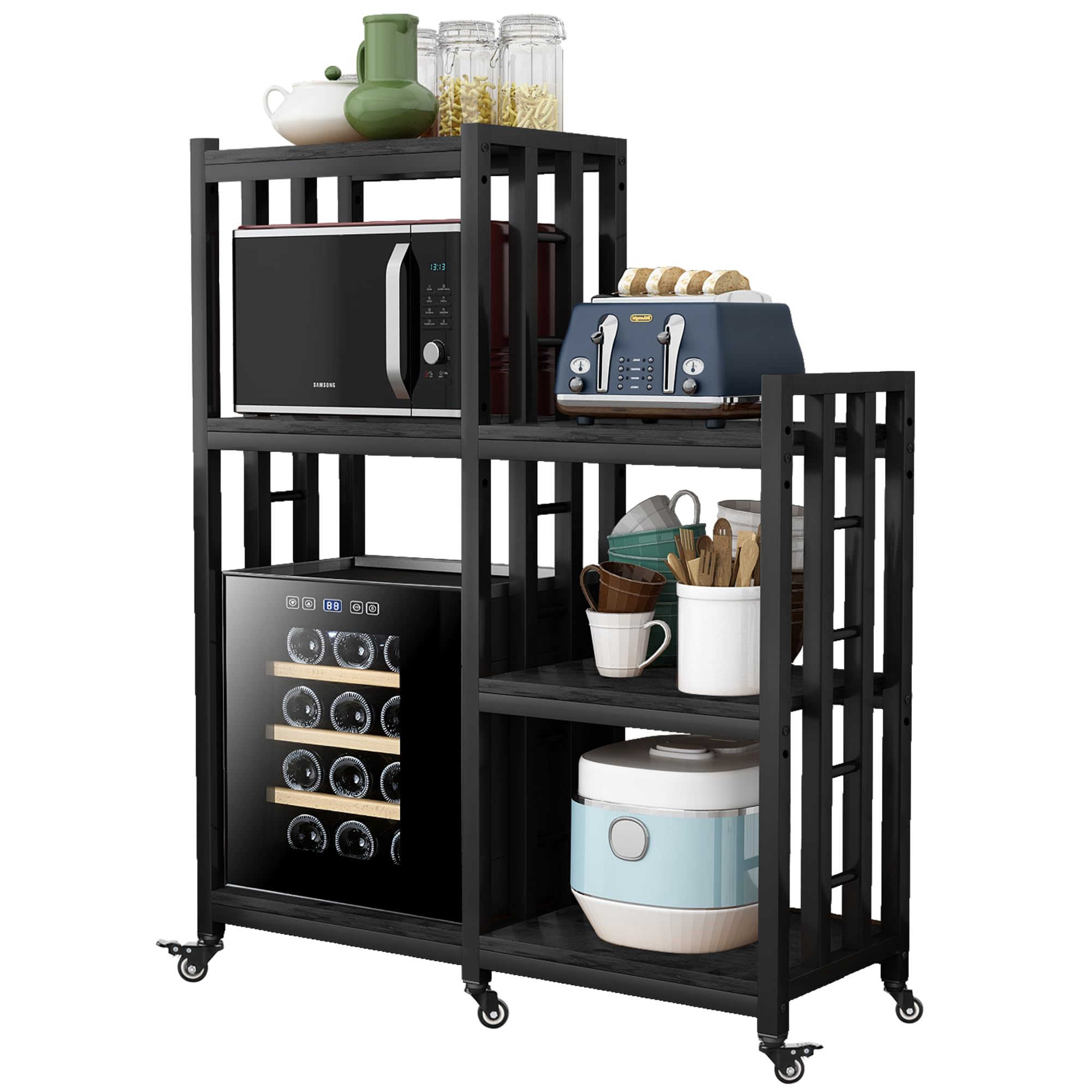 6-Tier Kitchen Bakers Rack, Multifunctional Storage Shelf, Mini Fridge & Microwave Oven Stand Table, Coffee Bar, Adjustable Kitchen Shelves Freestadning (Charcoal Black Wood Grain Print with wheels)