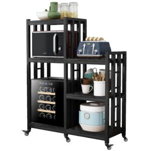 6-tier kitchen bakers rack, multifunctional storage shelf, mini fridge & microwave oven stand table, coffee bar, adjustable kitchen shelves freestadning (charcoal black wood grain print with wheels)